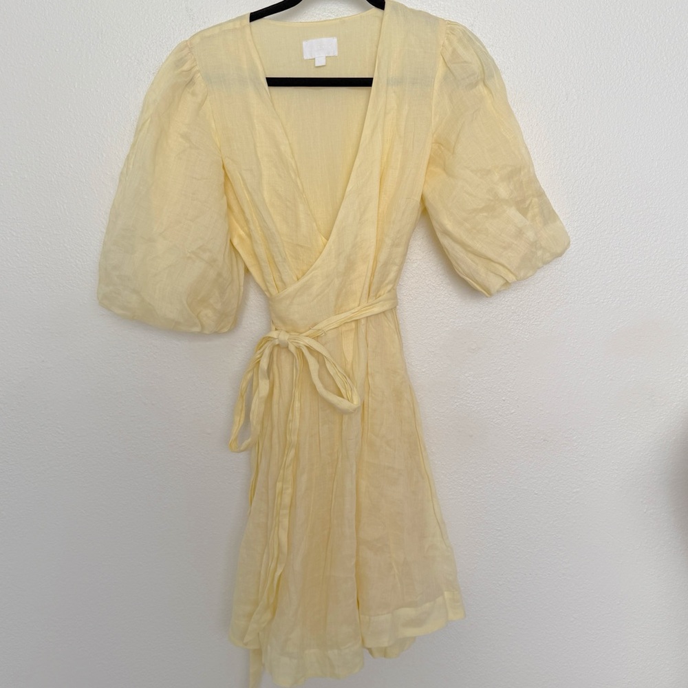 EVERY Butter Yellow Short Puff Sleeve Tie Waist Wrap Mini Dress - Picture 2 of 9